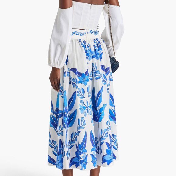 FARM RIO Gathered floral-print cotton-poplin Midi Skirt Medium NWT - Picture 6 of 8